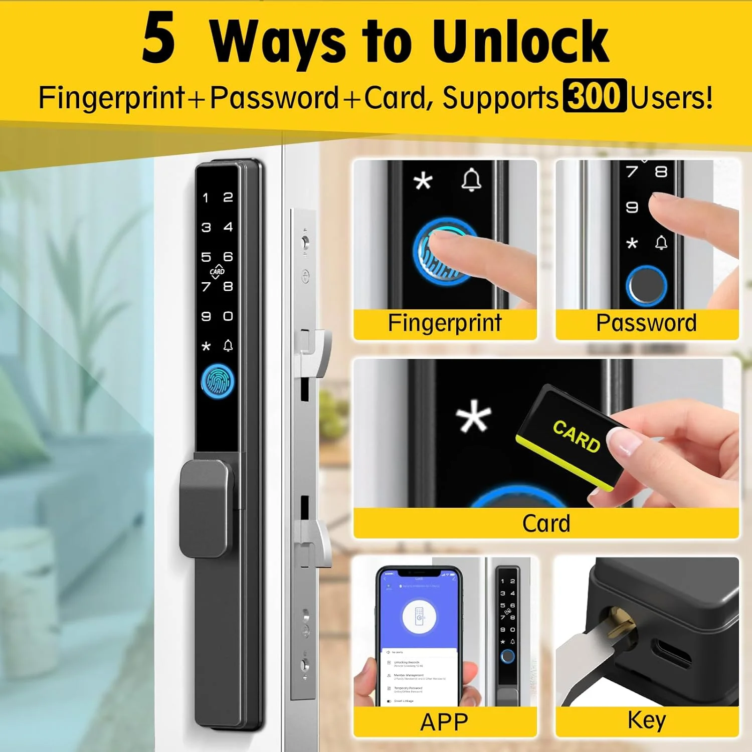 Five unlock methods including fingerprint and app control