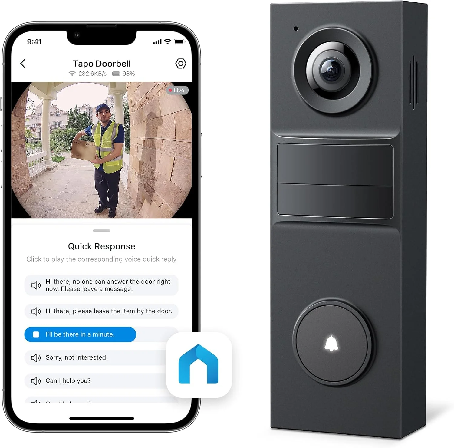 Tapo 2K Wireless Smart Video Doorbell - 160° Ultra-Wide View, Person Detection, 2-Way Talk, Ring Call, Night Vision, Subscription-Free Local Storage or Optional Cloud, D205