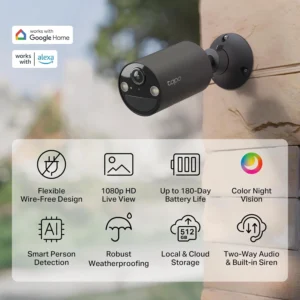 Tapo by TP-Link Wireless Outdoor Security Camera, 1080P, Up to 180 Days Battery Life, Free Person Detection, SD/Cloud Storage, Spotlight Color Night Vision, Alarm, No Hub Needed, Black, C403 view 2