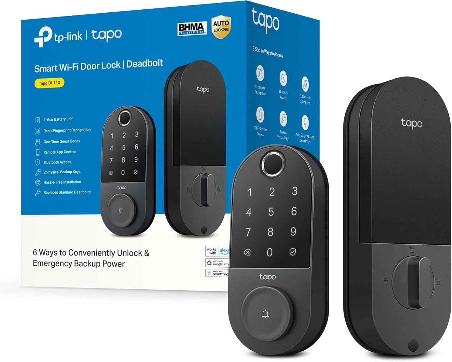 Tapo DL110 Smart Wi-Fi Deadbolt installed on a modern front door