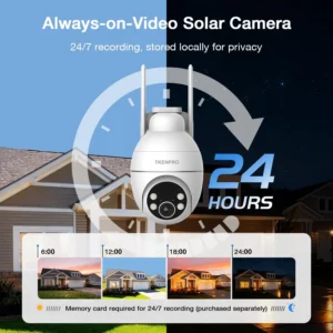 TKENPRO Solar Security Cameras Wireless Outdoor, 2.4GHz Wi-Fi, 24/7 Continuous Recording, Human Auto Tracking, Outdoor Camera Wireless with 2K Color Night Vision, 360° Panoramic View view 2