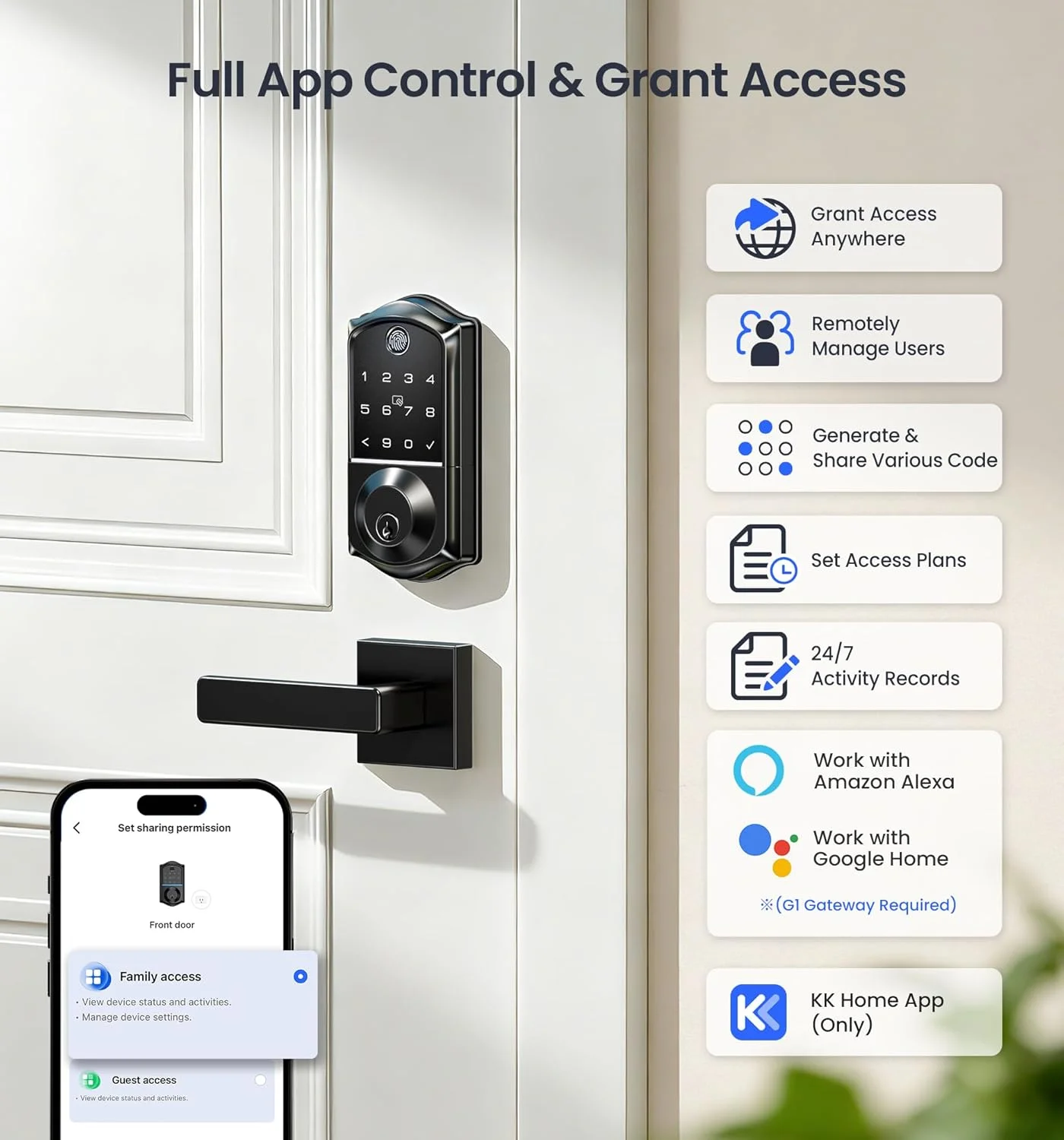 Multiple access methods including fingerprint, keypad, and app for Veise VE017