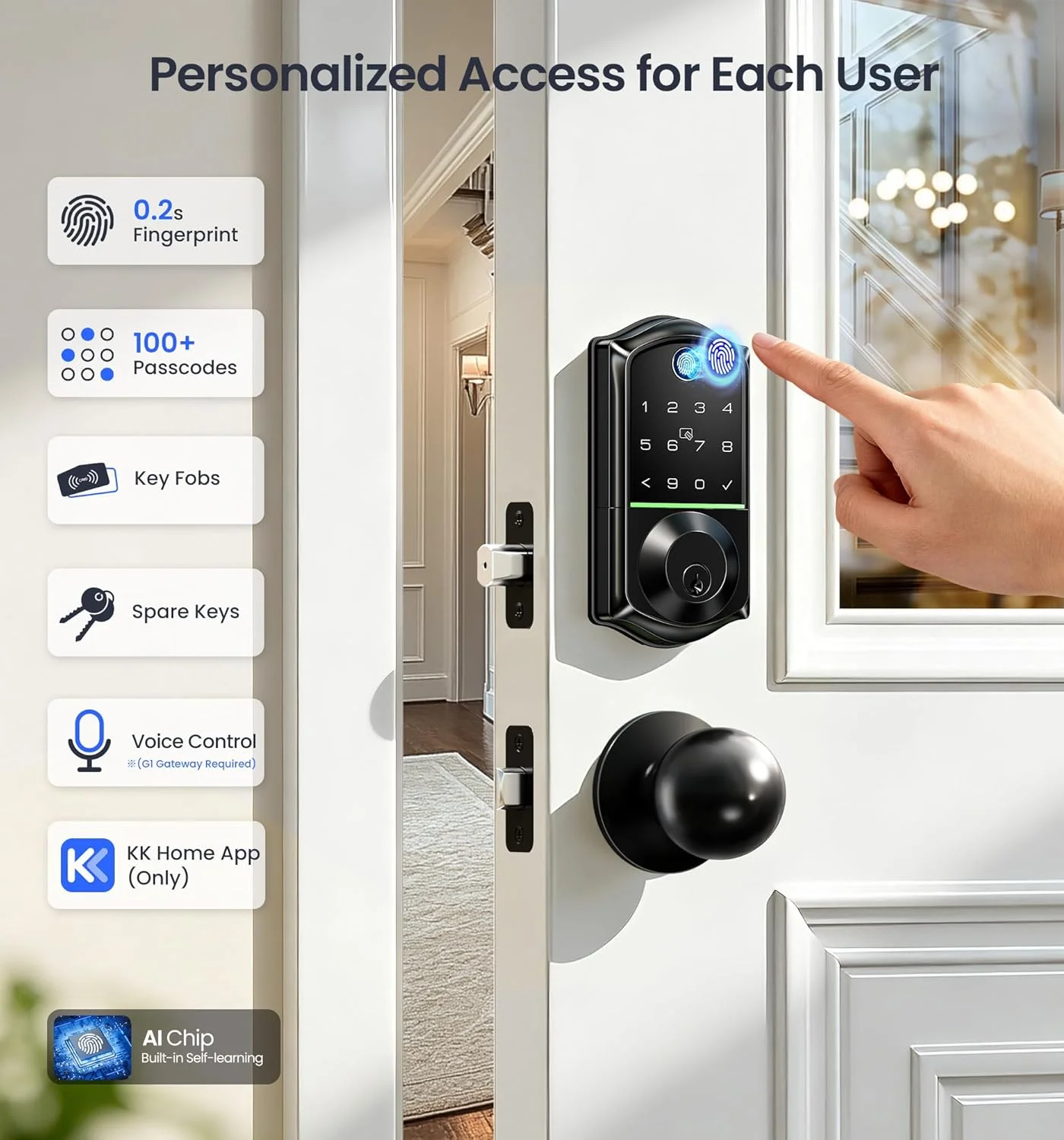 Close up of AI-powered fingerprint sensor on Veise smart lock