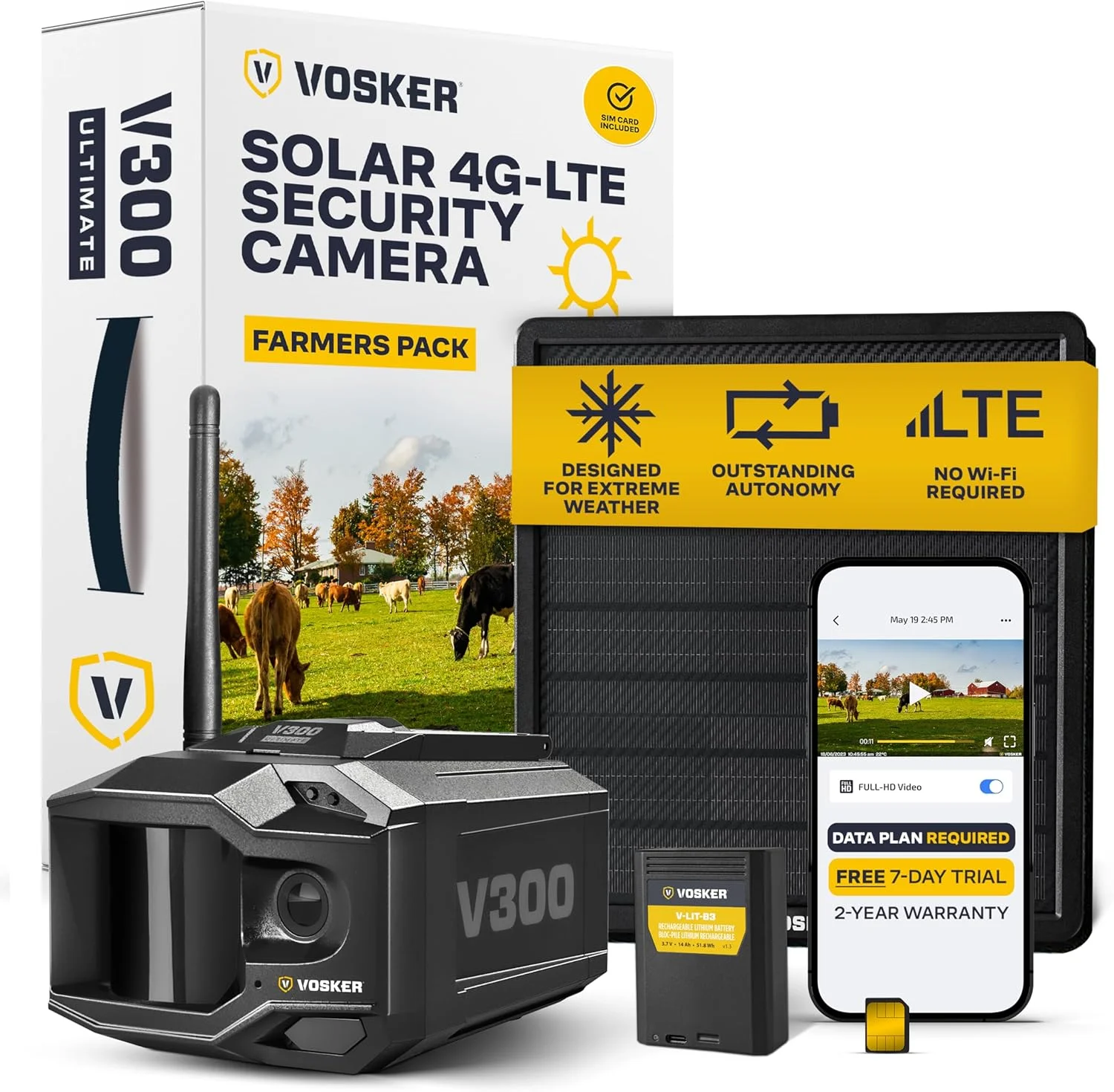 Vosker V300 4G LTE solar security camera protecting a farm scene