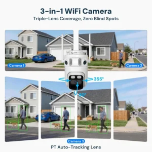 yeewise Triple Lens Wireless Security Camera System with 12" Monitor, 180° Wide View + 360° PTZ AI Tracking, WiFi 6, 16CH NVR, 24/7 Recording, 500GB HDD, No Monthly Fee, Plug-in Power view 2