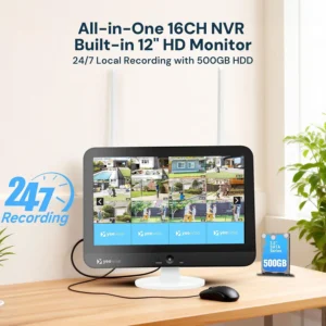 yeewise Triple Lens Wireless Security Camera System with 12" Monitor, 180° Wide View + 360° PTZ AI Tracking, WiFi 6, 16CH NVR, 24/7 Recording, 500GB HDD, No Monthly Fee, Plug-in Power view 3