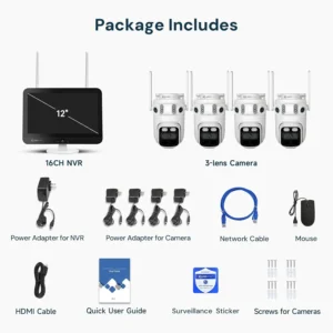 yeewise Triple Lens Wireless Security Camera System with 12" Monitor, 180° Wide View + 360° PTZ AI Tracking, WiFi 6, 16CH NVR, 24/7 Recording, 500GB HDD, No Monthly Fee, Plug-in Power view 7