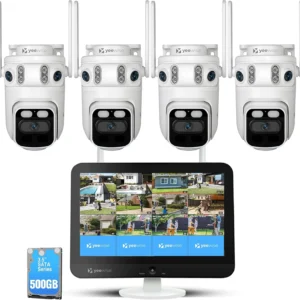 yeewise Triple Lens Wireless Security Camera System with 12" Monitor, 180° Wide View + 360° PTZ AI Tracking, WiFi 6, 16CH NVR, 24/7 Recording, 500GB HDD, No Monthly Fee, Plug-in Power